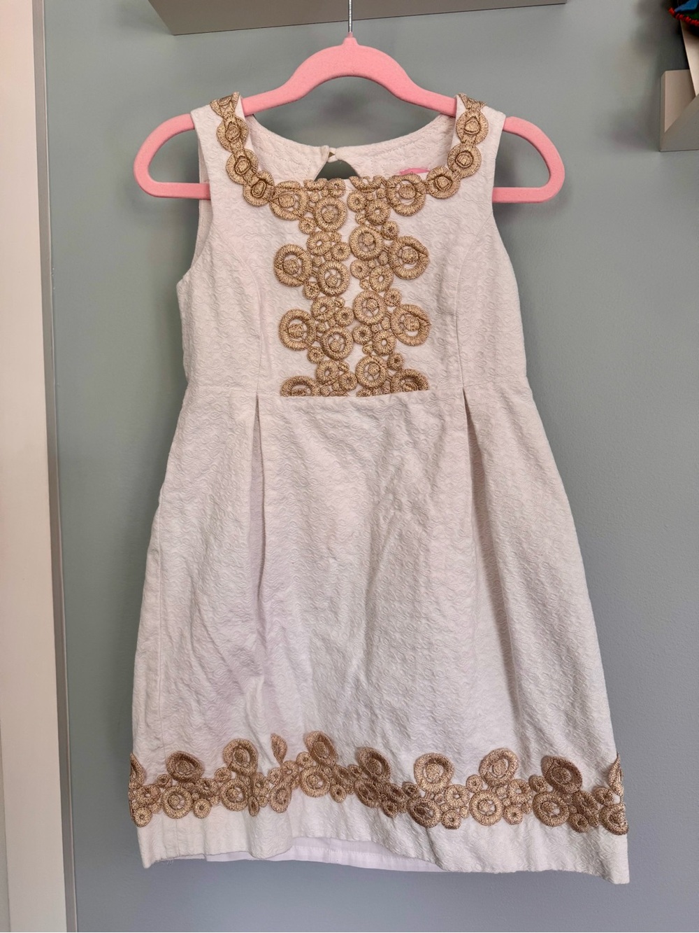 Lilly Pulitzer Adelson jacquard shift dress (Sz 7) w/ gold brocade details